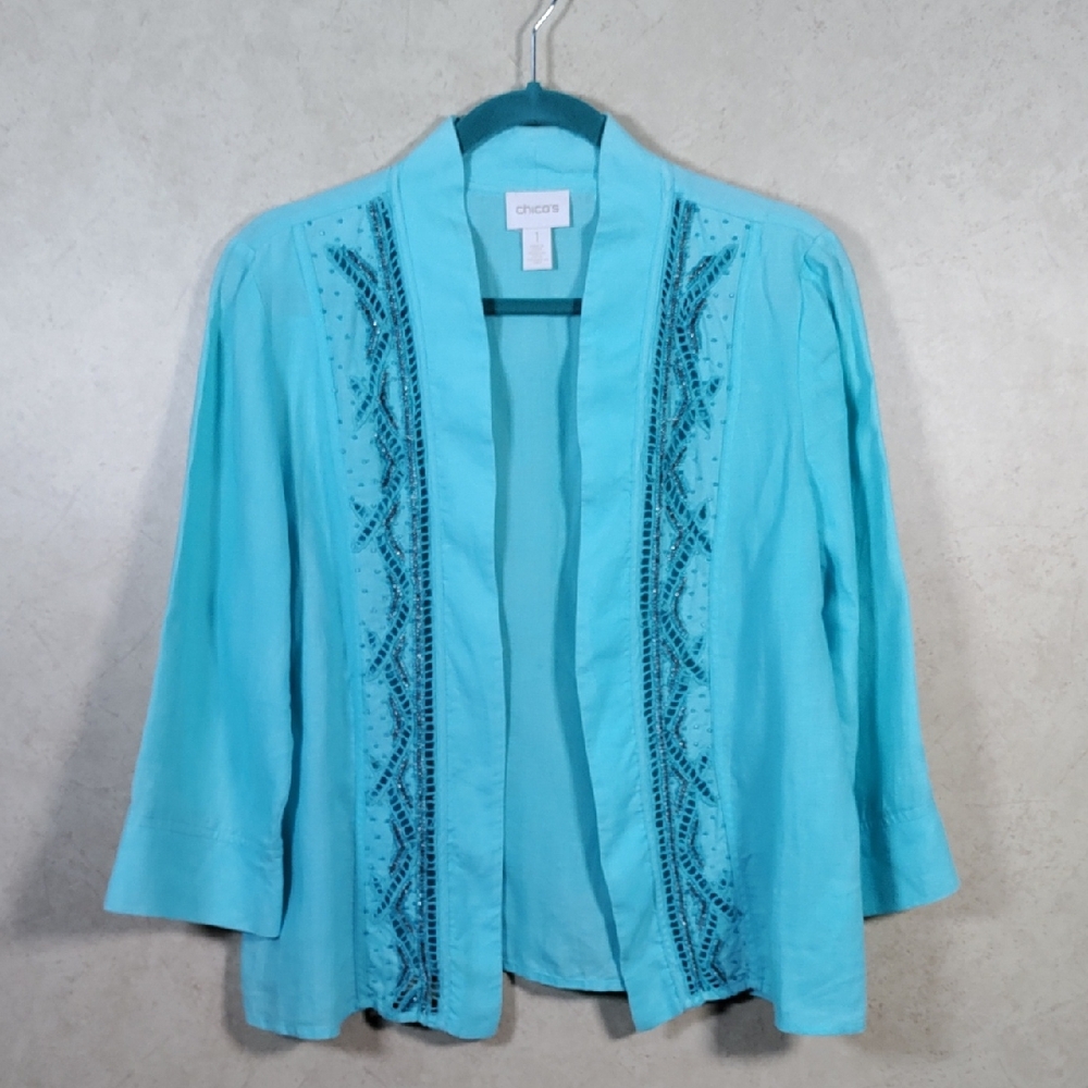 *D174 Chico's aqua linen w/lace & beads open front jacket 1 M CLEARANCE